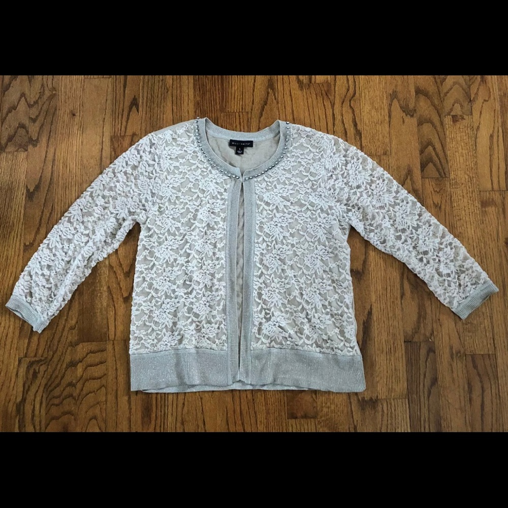 Willi Smith Floral Lace Taupe Metallic Rhinestone Collar Cardigan Sweater Small
